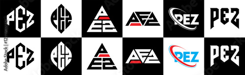 PEZ letter logo design in six style. PEZ polygon, circle, triangle, hexagon, flat and simple style with black and white color variation letter logo set in one artboard. PEZ minimalist and classic logo