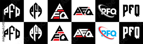 PFQ letter logo design in six style. PFQ polygon, circle, triangle, hexagon, flat and simple style with black and white color variation letter logo set in one artboard. PFQ minimalist and classic logo
