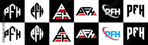 PFH letter logo design in six style. PFH polygon, circle, triangle, hexagon, flat and simple style with black and white color variation letter logo set in one artboard. PFH minimalist and classic logo