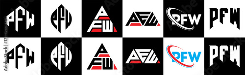 PFW letter logo design in six style. PFW polygon, circle, triangle, hexagon, flat and simple style with black and white color variation letter logo set in one artboard. PFW minimalist and classic logo