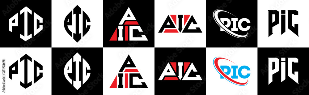 PIC letter logo design in six style. PIC polygon, circle, triangle, hexagon, flat and simple style with black and white color variation letter logo set in one artboard. PIC minimalist and classic logo PIC letter logo design in six style. PIC polygon, circle, triangle, hexagon, flat and simple style with black and white color variation letter logo set in one artboard. PIC minimalist and classic logo