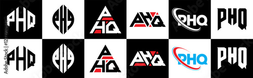 PHQ letter logo design in six style. PHQ polygon, circle, triangle, hexagon, flat and simple style with black and white color variation letter logo set in one artboard. PHQ minimalist and classic logo