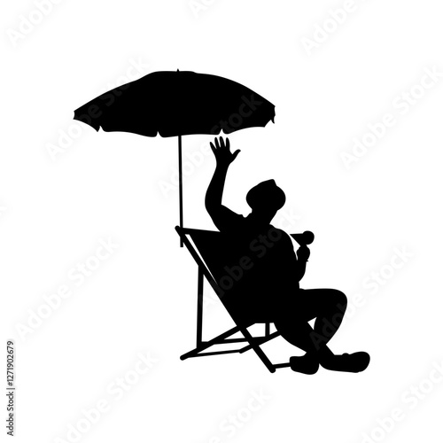 A silhouette of a beach scene, with a person sitting on a lounger in the background.