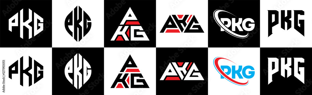 PKG letter logo design in six style. PKG polygon, circle, triangle, hexagon, flat and simple style with black and white color variation letter logo set in one artboard. PKG minimalist and classic logo PKG letter logo design in six style. PKG polygon, circle, triangle, hexagon, flat and simple style with black and white color variation letter logo set in one artboard. PKG minimalist and classic logo