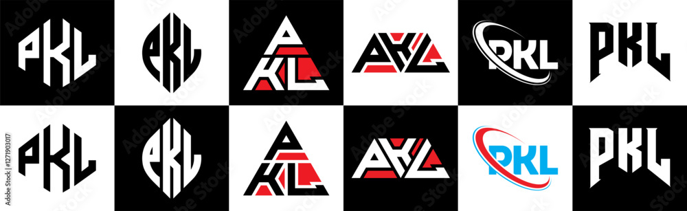 PKL letter logo design in six style. PKL polygon, circle, triangle, hexagon, flat and simple style with black and white color variation letter logo set in one artboard. PKL minimalist and classic logo PKL letter logo design in six style. PKL polygon, circle, triangle, hexagon, flat and simple style with black and white color variation letter logo set in one artboard. PKL minimalist and classic logo