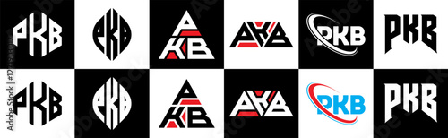 PKB letter logo design in six style. PKB polygon, circle, triangle, hexagon, flat and simple style with black and white color variation letter logo set in one artboard. PKB minimalist and classic logo