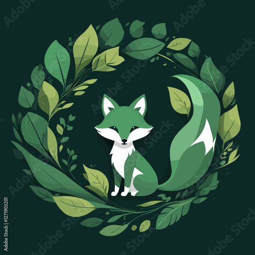 Charming fox sitting among green leaves in circular design background, illustration