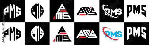 PMS letter logo design in six style. PMS polygon, circle, triangle, hexagon, flat and simple style with black and white color variation letter logo set in one artboard. PMS minimalist and classic logo