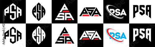 PSA letter logo design in six style. PSA polygon, circle, triangle, hexagon, flat and simple style with black and white color variation letter logo set in one artboard. PSA minimalist and classic logo