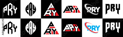 PRY letter logo design in six style. PRY polygon, circle, triangle, hexagon, flat and simple style with black and white color variation letter logo set in one artboard. PRY minimalist and classic logo