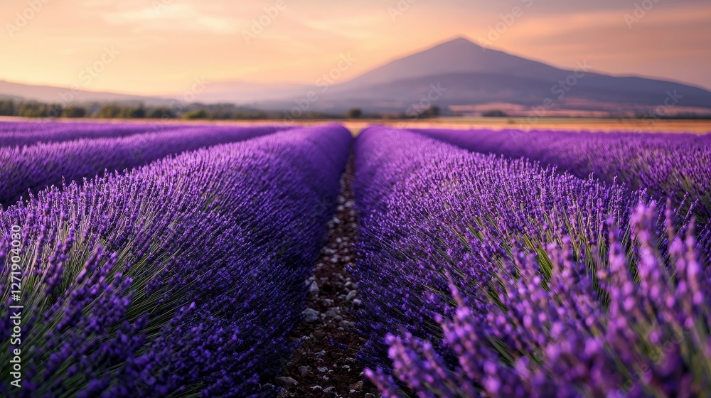 Naklejka premium Lavender fields blooming under sunset provence natural landscape wide-angle view tranquility beauty