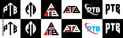 PTB letter logo design in six style. PTB polygon, circle, triangle, hexagon, flat and simple style with black and white color variation letter logo set in one artboard. PTB minimalist and classic logo