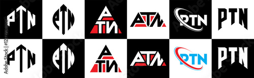 PTN letter logo design in six style. PTN polygon, circle, triangle, hexagon, flat and simple style with black and white color variation letter logo set in one artboard. PTN minimalist and classic logo