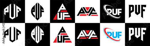 PUF letter logo design in six style. PUF polygon, circle, triangle, hexagon, flat and simple style with black and white color variation letter logo set in one artboard. PUF minimalist and classic logo