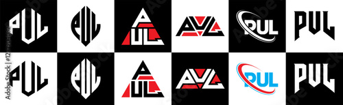 PUL letter logo design in six style. PUL polygon, circle, triangle, hexagon, flat and simple style with black and white color variation letter logo set in one artboard. PUL minimalist and classic logo