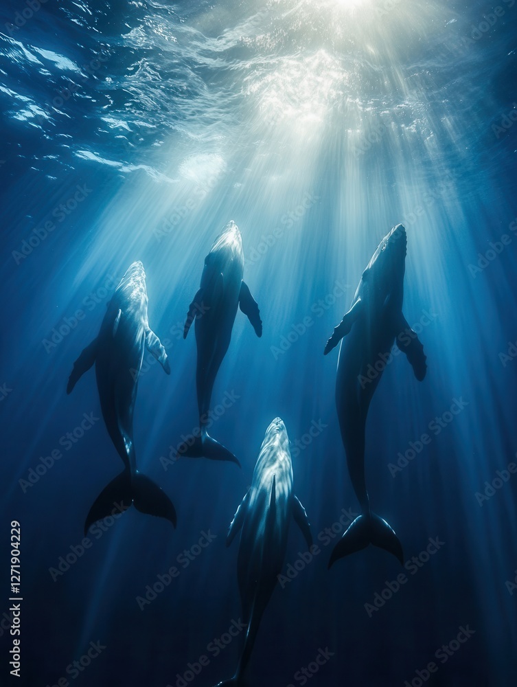 Fototapeta premium Four dolphins swim gracefully underwater, illuminated by beams of sunlight filtering through the surface.