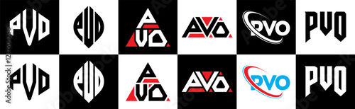 PVO letter logo design in six style. PVO polygon, circle, triangle, hexagon, flat and simple style with black and white color variation letter logo set in one artboard. PVO minimalist and classic logo