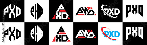 PXD letter logo design in six style. PXD polygon, circle, triangle, hexagon, flat and simple style with black and white color variation letter logo set in one artboard. PXD minimalist and classic logo