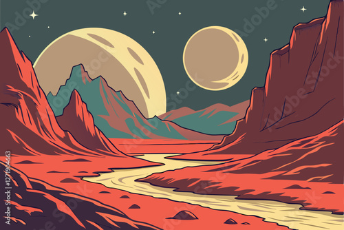  Alien planet landscape, rugged mountains, winding river, red desert terrain, two moons in sky, starry cosmic background, vibrant colors, ethereal glow, sci-fi scenery, fantasy world, dramatic light