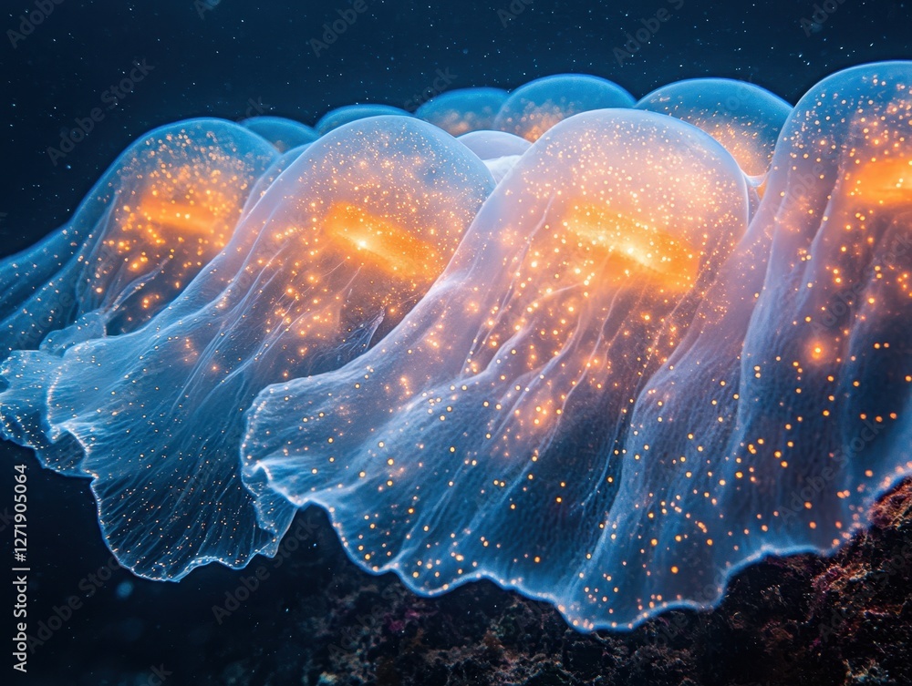 Obraz premium A mesmerizing underwater scene showcasing glowing jellyfish drifting gracefully in the deep blue ocean.