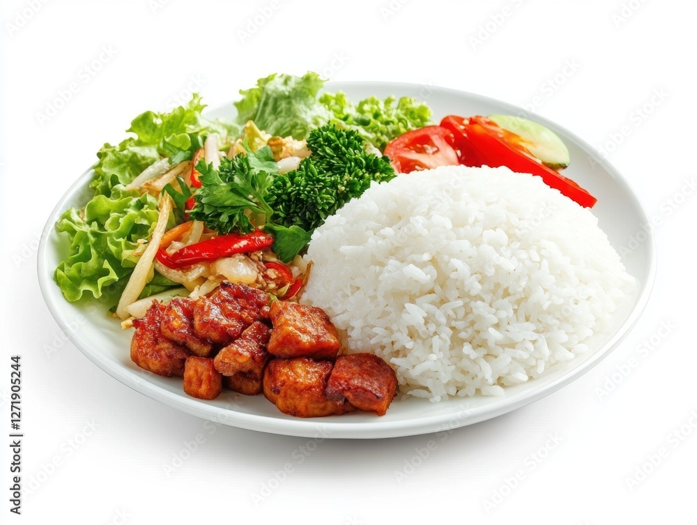 Grilling Tempeh with White Rice Kitchen Table Food Photography Bright Lighting Realistic Presentation Grilling Tempeh with White Rice Kitchen Table Food Photography Bright Lighting Realistic Presentation