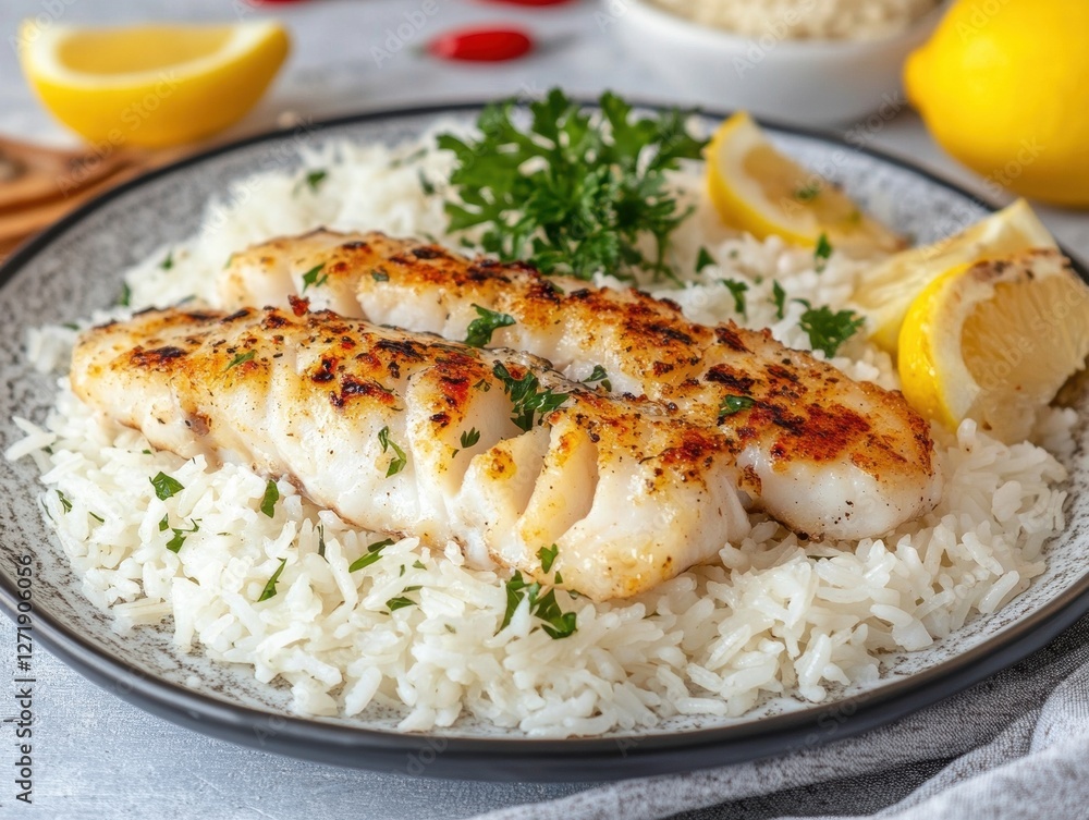 Grilling Cod Fillets Kitchen Counter Realistic Photo Culinary Environment Close-up View Seafood Delight Grilling Cod Fillets Kitchen Counter Realistic Photo Culinary Environment Close-up View Seafood Delight