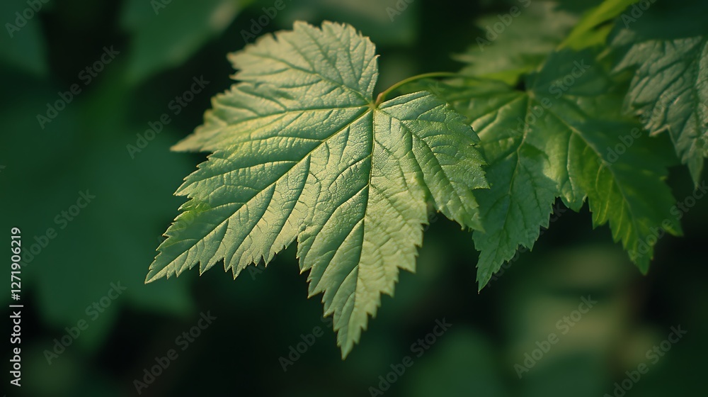 Close-up of vibrant green leaves illuminated by sunlight, showcasing intricate leaf veins and serrated edges against a blurred background. Close-up of vibrant green leaves illuminated by sunlight, showcasing intricate leaf veins and serrated edges against a blurred background.
