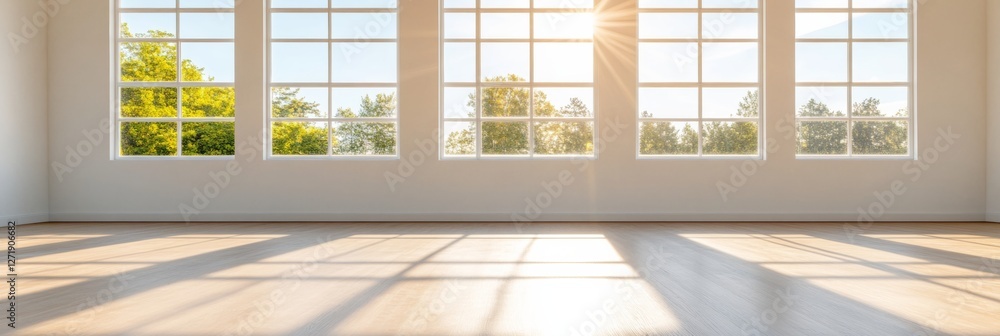 Fototapeta premium Sunlit Minimalist Dance Studio Design Wooden Floor and Mirrored Walls for Professional Training Facilities - Modern Aesthetic Enhancing Artistic Development Spaces