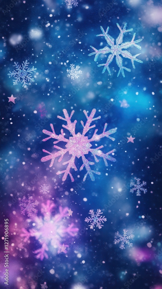 Glittering snowflakes and stars scattered on a gradient blue backdrop
