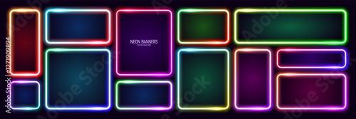 Colorful glowing neon banners, illuminated square frames. Shiny vibrant border, glow effect. Purple vintage retro lights, night illumination. Modern futuristic UI design elements. Vector illustration