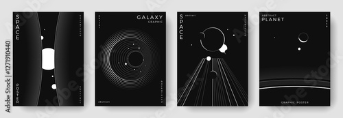 Set of abstract space astronomy backgrounds. Line art galaxy, solar system, planet, black hole. Science future concept. Cosmic minimalist design for cover, poster, layout, banner, flyer, brochure