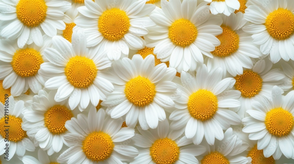 Fototapeta premium Fresh white and yellow daisies evenly spread out to create a cheerful and natural floral wallpaper.