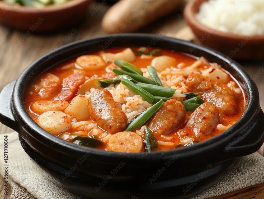 Savor Grilled Korean Army Stew Budae J with White Rice Korean Kitchen Culinary Delight Cozy Atmosphere Foodie Perspective Savor Grilled Korean Army Stew Budae J with White Rice Korean Kitchen Culinary Delight Cozy Atmosphere Foodie Perspective