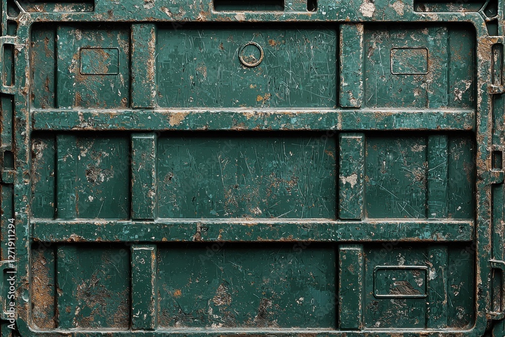 Close-up view of a weathered and textured green plastic crate, showcasing signs of aging and use, with visible wear and tear on the surface details and structure. Close-up view of a weathered and textured green plastic crate, showcasing signs of aging and use, with visible wear and tear on the surface details and structure.