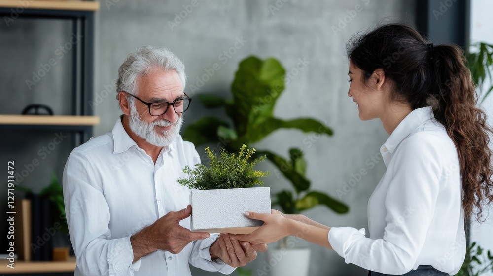 A man and a woman are standing in a room with a potted plant A man and a woman are standing in a room with a potted plant