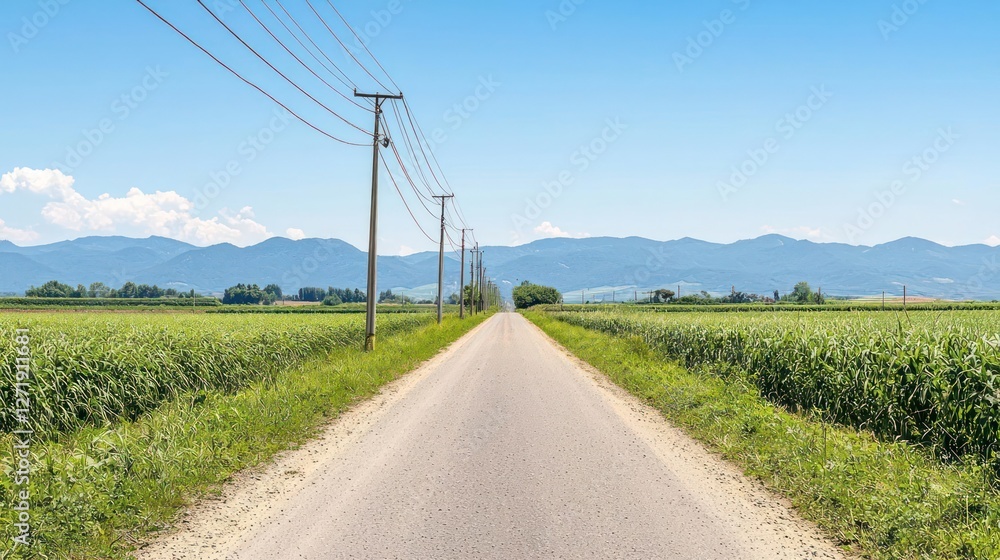 Gravel Road Through Green Summer Fields Under Blue Sky