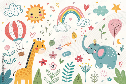 Cute giraffe and elephant in floral nursery scene