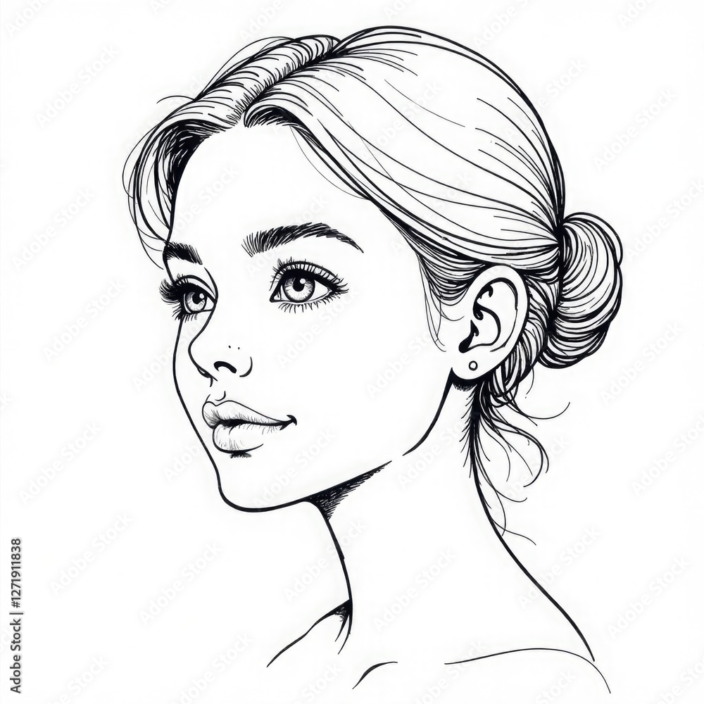 Black and white drawing of a young beautiful girl. Coloring, tattoo, minimalism, business card, website, salon, poster, brochure, postcard, magazine, book Black and white drawing of a young beautiful girl. Coloring, tattoo, minimalism, business card, website, salon, poster, brochure, postcard, magazine, book