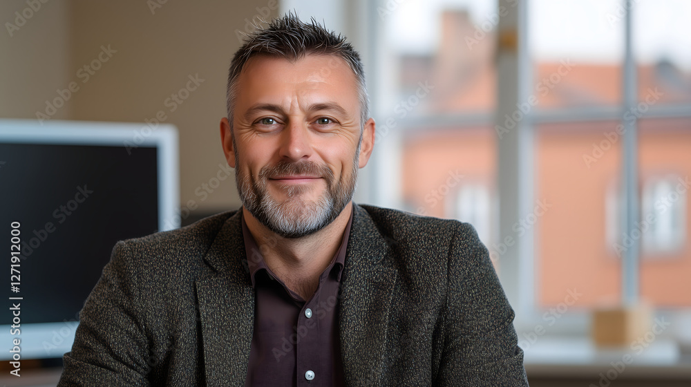 A middle-aged businessman is watching with a smile A middle-aged businessman is watching with a smile