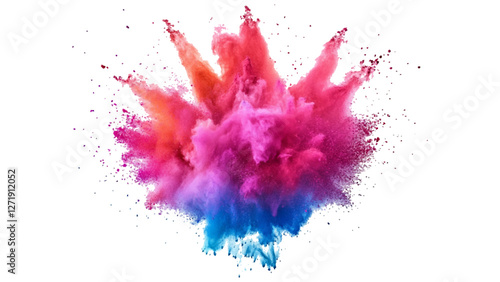 Abstract colorful holi paint powder festival explosion burst on transparent background. Explosive burst of multicolored powder spreading in all directions on a white background, 