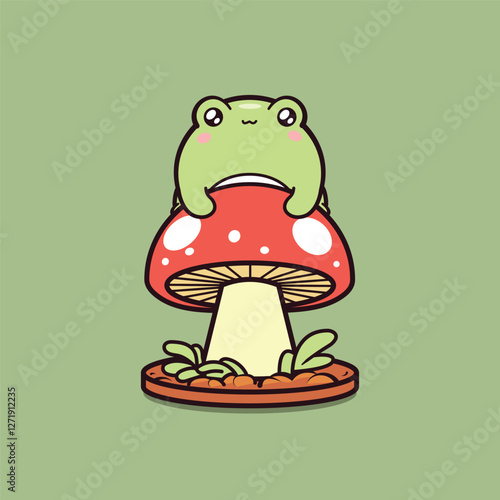 cute green frog sitting on top of a red and white spotted mushroom, surrounded by small plants