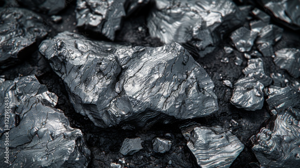 Detailed view of coal pieces scattered on the ground, highlighting the glossy surfaces and rugged edges as they reflect ambient light. The setting reflects a natural mining context. Detailed view of coal pieces scattered on the ground, highlighting the glossy surfaces and rugged edges as they reflect ambient light. The setting reflects a natural mining context.