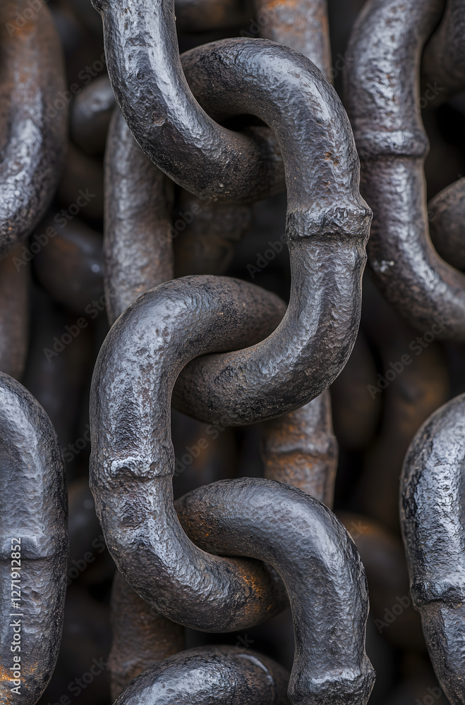 Aged industrial chains piled together, showing corrosion and texture