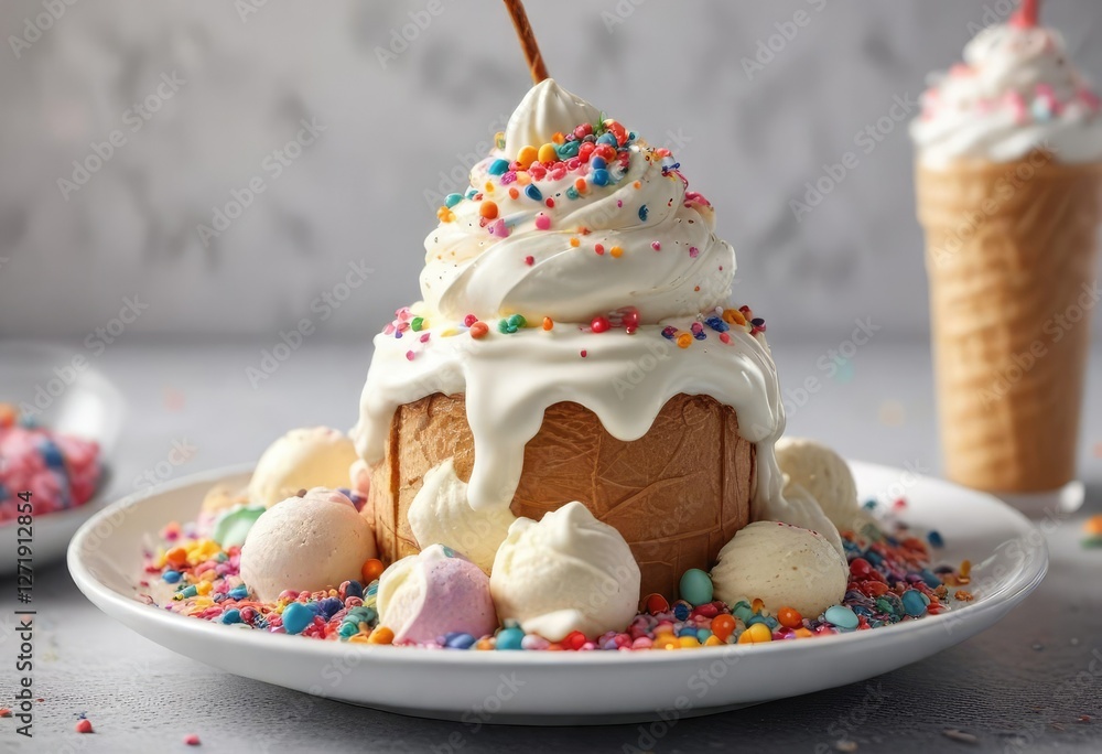 colorful ice cream sundae with sprinkles and whipped cream on a plate , sprinkles, colorful toppings, creamy dessert colorful ice cream sundae with sprinkles and whipped cream on a plate , sprinkles, colorful toppings, creamy dessert