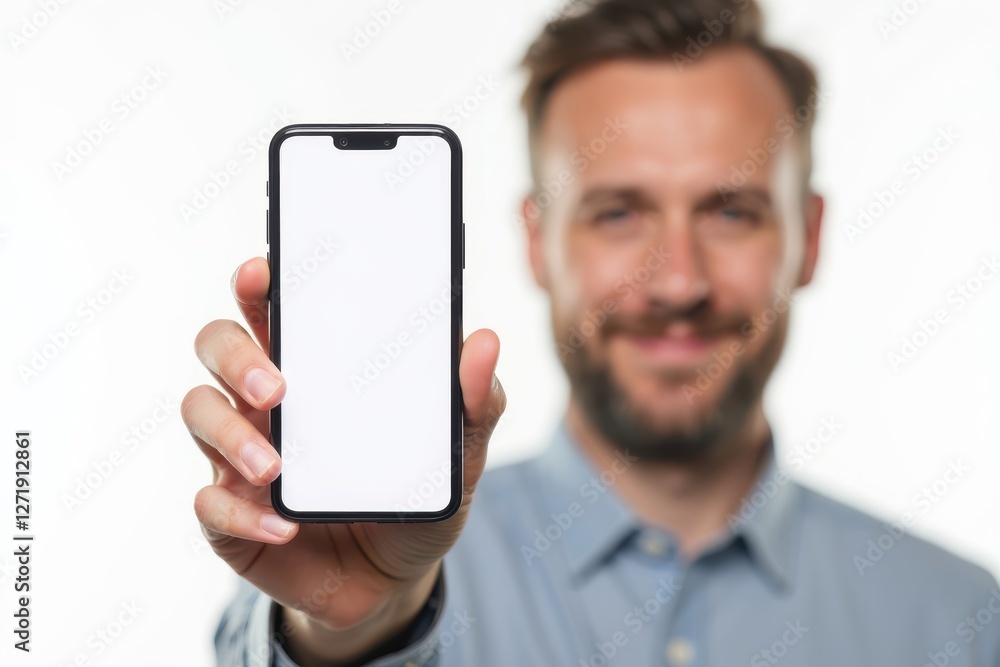 Man smiling while holding a smartphone with blank screen in a well-lit indoor setting Man smiling while holding a smartphone with blank screen in a well-lit indoor setting