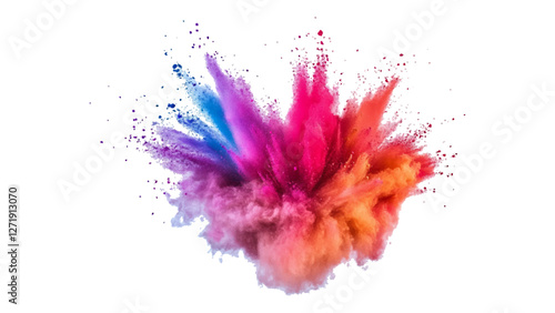 A vibrant explosion of colorful powder on a white background, explosion of colored powder against a white background, creating a vibrant abstract effect.