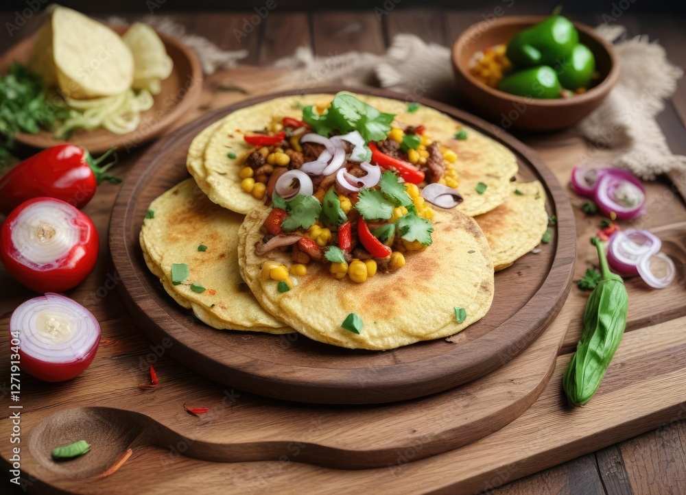 Corn cachapas on a rustic wooden platter with fresh chilies and onions nearby, corn cachapa, platter Corn cachapas on a rustic wooden platter with fresh chilies and onions nearby, corn cachapa, platter