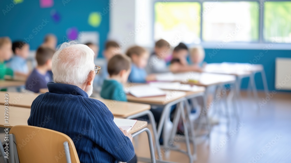 Obraz premium Back view of a man in a vest sits and studying at a desk surrounded of a group of children in a classroom. Education in any age concept