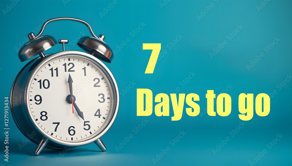 7 Days to go Days to go text on speech bluble with alarm clock top view on blue background, Side lit. with white shades 7 Days to go Days to go text on speech bluble with alarm clock top view on blue background, Side lit. with white shades