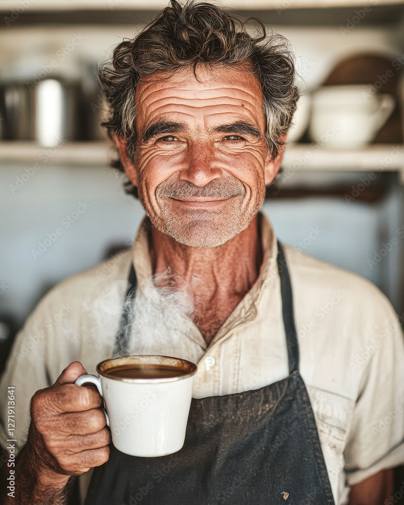 Elderly man enjoying hot beverage in a cozy kitchen lifestyle portrait Elderly man enjoying hot beverage in a cozy kitchen lifestyle portrait